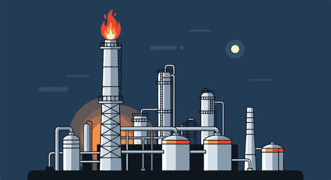 Industrial refinery complex at night with a lit flare stack