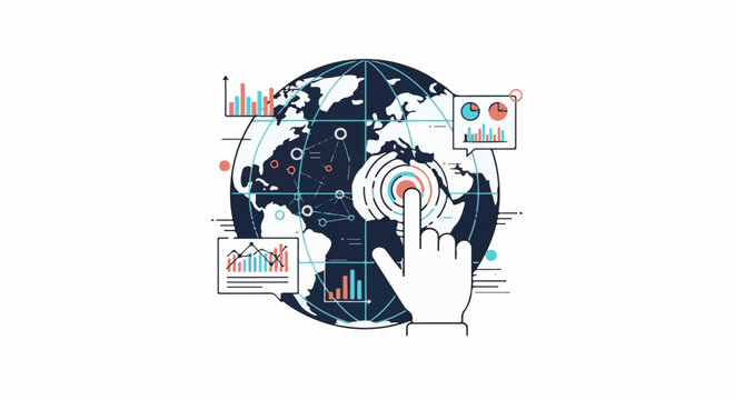 Interactive globe with data charts and a finger touching