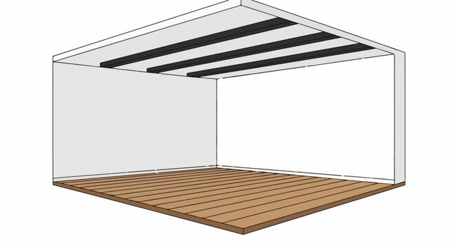 Interior perspective of an unfinished room with wooden floor and ceiling beams