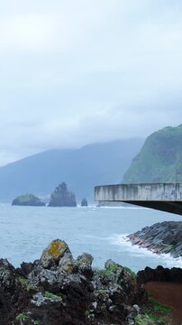Foggy coastal landscape with miradouro do v&eacute;u da noiva viewpoint in madeira