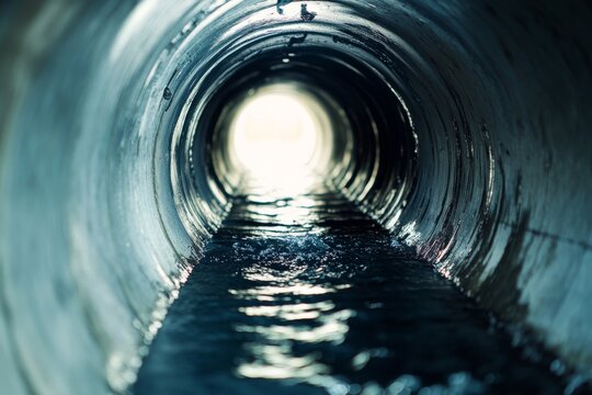 Water flows inside an industrial sewer pipe system made of metal and concrete