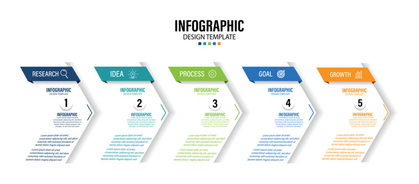 Concept of arrow business model with 5 successive steps. Presentation business infographic template vector. Five colorful graphic elements.Timeline design presentation.Infographic design layout.Vector
