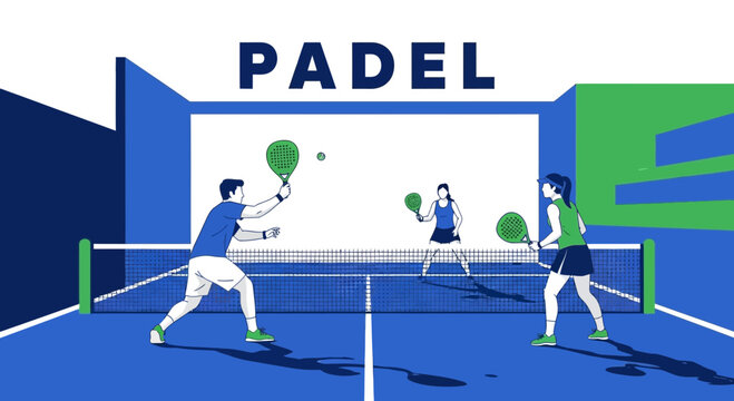 Padle Players Engaged In Competitive Match Under Bright Light Against Light Blue Background
