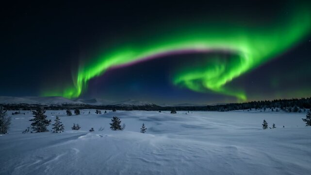 Expansive winter landscape of a snow-covered tundra under a massive, swirling ribbon of green and magenta northern lights. Small scattered pine trees dot the vast, frozen arctic horizon.