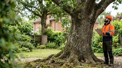 Fototapeta premium Arborist in safety gear inspecting mature tree in residential garden