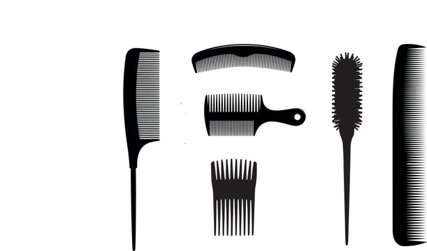 Variety of black hair combs and styling tools isolated on white background