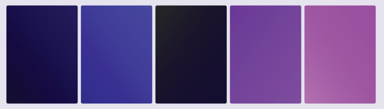 Set of five cosmic nebula gradient cards in deep indigo violet charcoal purple and neon magenta space tones