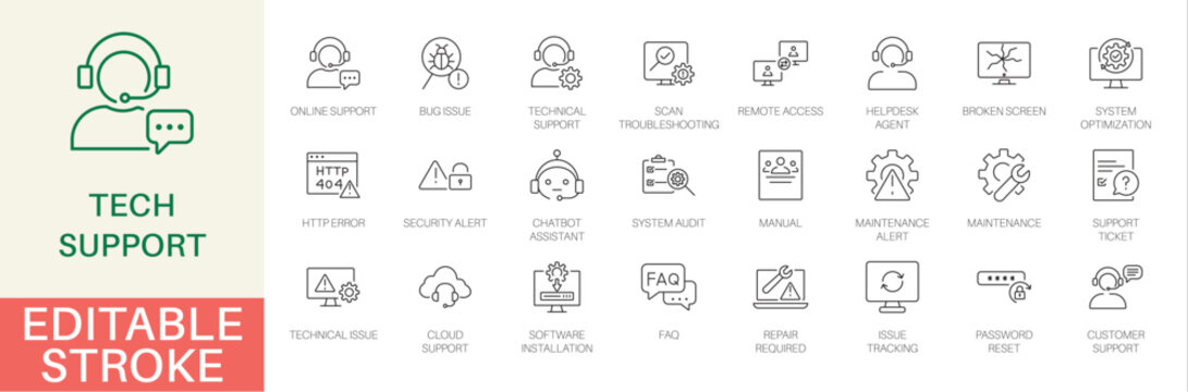 Tech support and customer service outline icon set. Symbols for troubleshooting, maintenance, helpdesk agent, online support, and system maintenance. Editable vector design for IT services workflow.