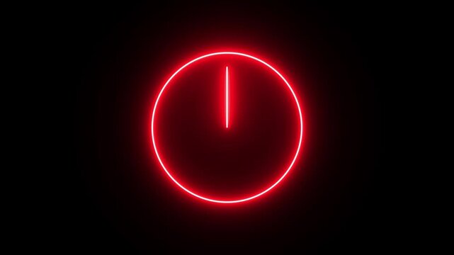Abstract a glowing red color neon clock icon animation on black background