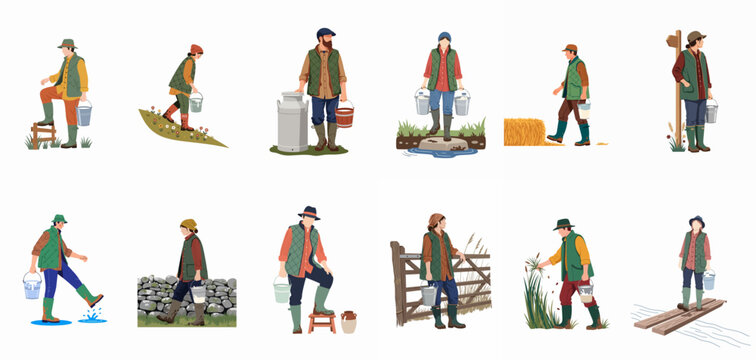 Set of twelve flat vector illustrations depicting male and female farmers in traditional rural workwear carrying milk buckets in various countryside settings.
