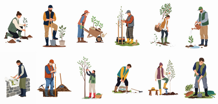 A collection of flat vector illustrations showing various people planting, watering, pruning, and caring for trees and saplings in a garden or forest.
