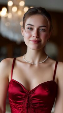 Stunning brunette in red satin bustier by glowing chandelier