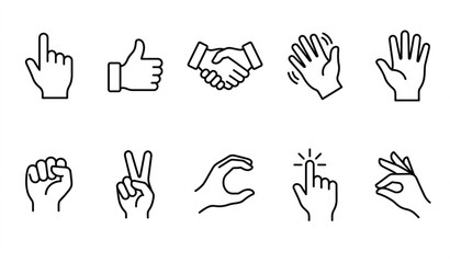 Fototapeta premium Outline hands icon set illustrating human gestures and finger signs in modern linear vector style