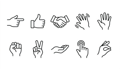 Fototapeta premium Outline hands icon set illustrating human gestures and finger signs in modern linear vector style