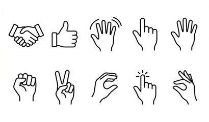 Fototapeta premium Outline hands icon set illustrating human gestures and finger signs in modern linear vector style