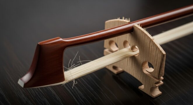 Close up of a violin bow with horsehair resting on a wooden stand, showcasing intricate musical detail