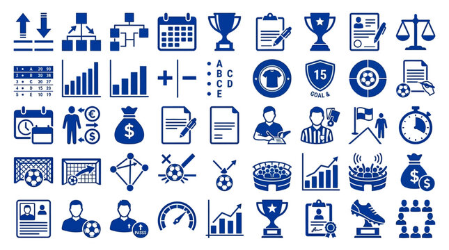 Football Soccer Statistics Finance and Management Solid Icons Set on Isolated White Background