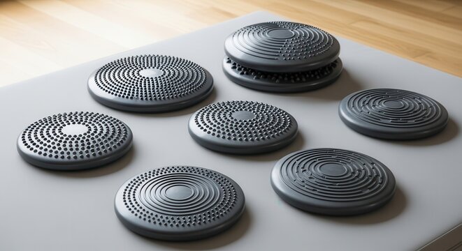 Several textured balance discs arranged on a mat for fitness and stability training