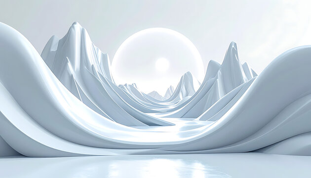 Abstract icy landscape with flowing white mountains and a glowing orb, ethereal winter scene, perfect for futuristic or fantasy themes