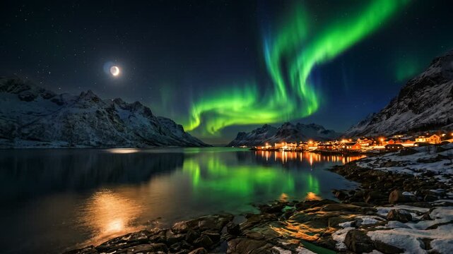 Stunning Aurora Borealis over the snowy mountains and fishing village of Reine, Lofoten Islands, Norway, reflected in the calm water at night.