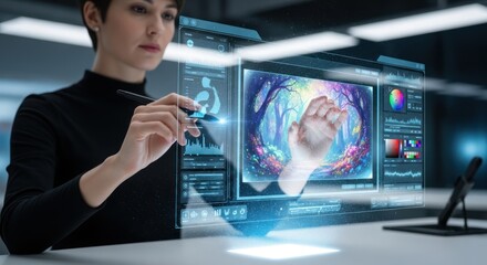 Obraz premium Woman interacting with holographic interface in modern workspace