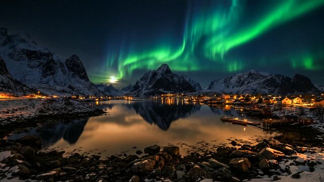 Stunning Aurora Borealis over the snowy mountains and fishing village of Reine, Lofoten Islands, Norway, reflected in the calm water at night.