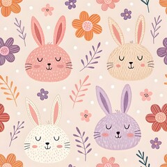 Obraz premium Easter Bunny Bloom Seamless Pattren : A whimsical array of pastel-colored bunny faces and blooming flowers creates a delightful and cheerful pattern perfect for Easter-themed projects.