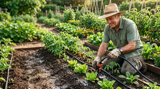 Gardener adjusting drip irrigation line in vegetable garden