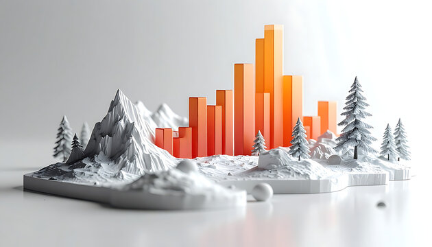 Abstract miniature landscape with pixelated mountains and glowing orange bar graph skyscrapers symbolizing data growth and urban development on a clean background