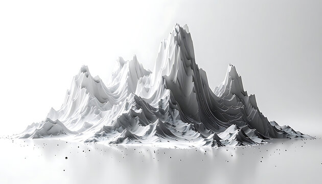 Abstract 3d landscape of sharp mountain peaks and valleys rendered in grayscale, resembling data visualization or topographic map, digital art