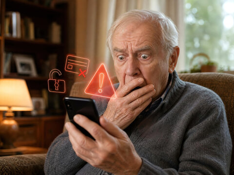 Shocked Senior Man Covering Mouth Holding Smartphone with Holographic Bank Fraud Warning Icons in Living Room, Elderly Phone Scam Victim and Digital Crime Concept