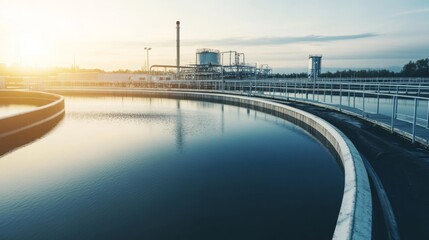 Obraz premium Modern wastewater treatment plant with large tanks and clear water under soft sunlight in a wide view