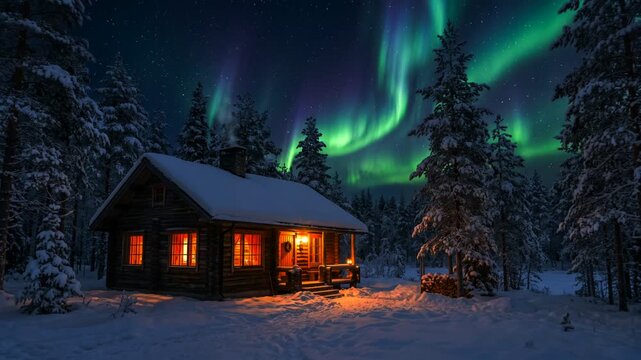 A cozy wooden log cabin glowing with warm light under a spectacular Northern Lights display in a snowy pine forest.