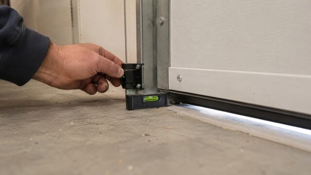 Hand adjusting a garage door sensor bracket and small level on metal track beside white door, concrete floor, and daylight gap during repair