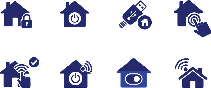 Smart home system icons set in dark blue color with house, lock, power button, usb and other elements.