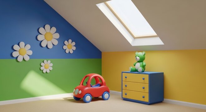 Colorful children's room with toy car and teddy bear