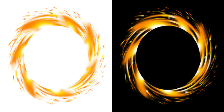 Golden fire ring portal with glowing light sparks isolated on transparent background