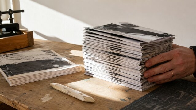 Hands arranging a stack of folded black and white printed booklets on a wooden workshop table, with bone folder, cutting mat, and press nearby
