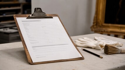 Clipboard holding a condition report form on a museum worktable, with cotton gloves, pencil, brush, and framed artwork nearby in background