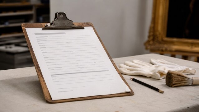 Clipboard holding a condition report form on a museum worktable, with cotton gloves, pencil, brush, and framed artwork nearby in background