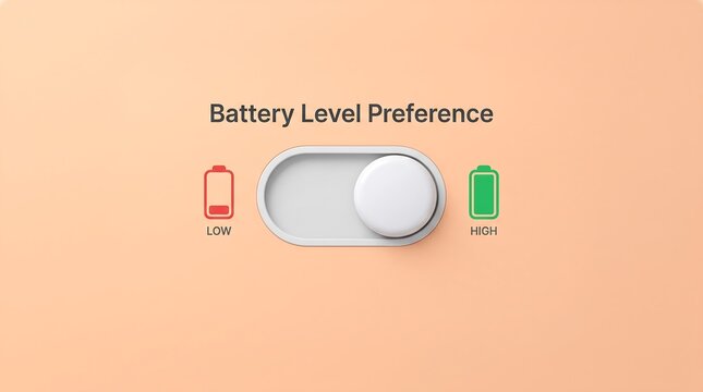 Interactive battery level preference toggle switch ui design set to high performance mode on a minimalist soft pastel peach background for digital user interface