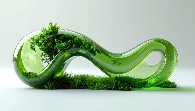 Abstract mobius strip structure with vibrant green grass and vegetation growing inside, symbolizing nature and sustainability, minimalist design