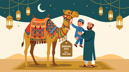 Naklejka premium Eid al-Adha celebration vector illustration, Muslim father and son with Qurbani camel, Islamic holiday banner with lanterns and crescent moon