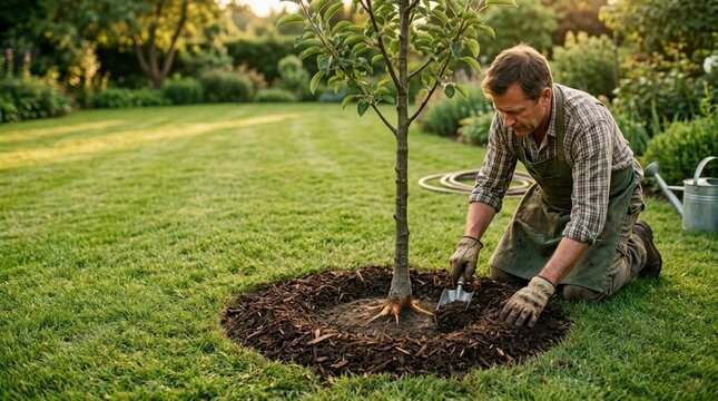 Gardener applying mulch ring around young tree in landscaped garden