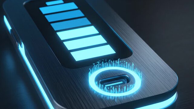 Close-up of a Futuristic Power Bank with a Glowing USB-C Port and a Full Battery Indicator.
