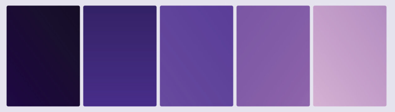 Set of five cosmic nova gradient cards in deep midnight indigo purple violet orchid and soft lilac space tones