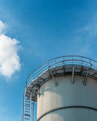 Naklejka premium Water treatment tower rises against blue sky with empty space above for eco-friendly infrastructure view