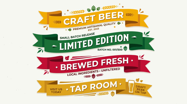 Colorful craft beer banners with labels for limited edition brewed fresh and tap room on white background