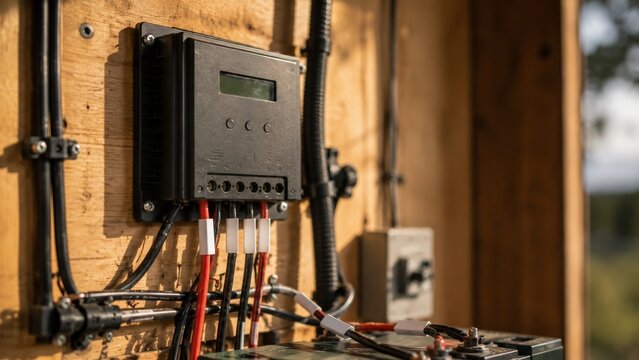 Solar charge controller with red and black wiring mounted on plywood wall above batteries, showing off grid power system installation in shed