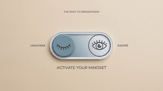 Minimalist toggle switch concept representing mental awareness and mindfulness shift from unaware to aware state on a soft muted background for modern design